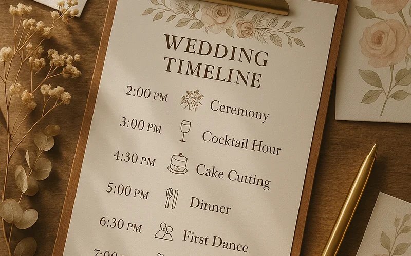 Wedding timeline document on clipboard with floral stationery