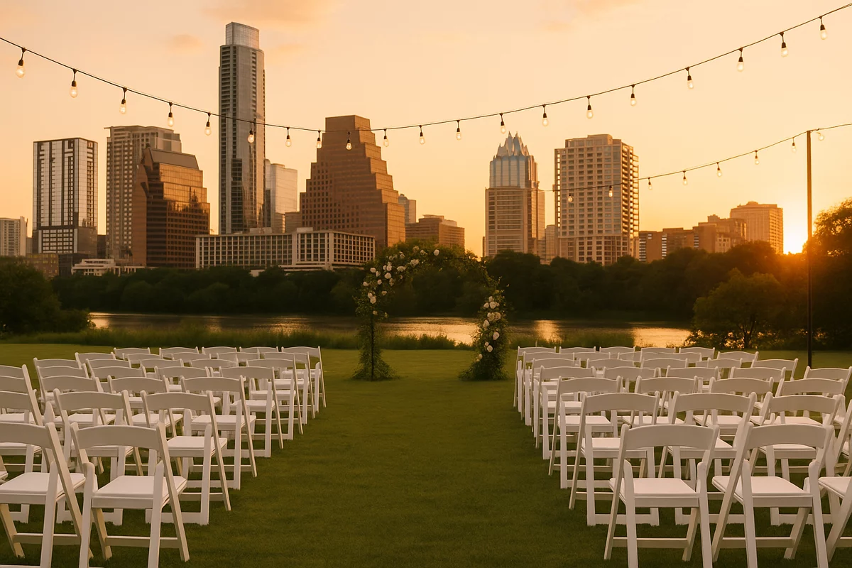 Outdoor wedding ceremony at sunset in Austin Texas with downtown skyline