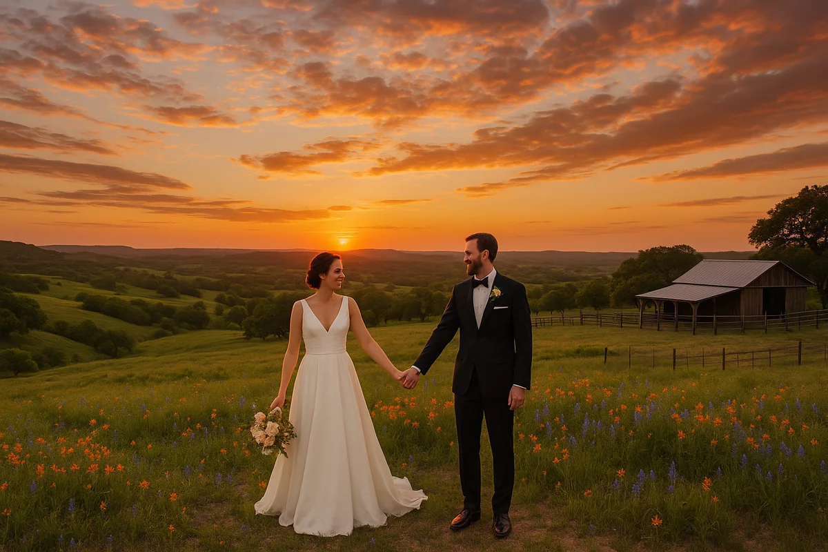 Panoramic Texas Hill Country wedding with rolling green hills and wildflowers