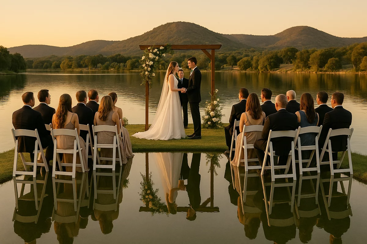 Lakeside wedding at Lake Marble Falls Texas with hill country backdrop